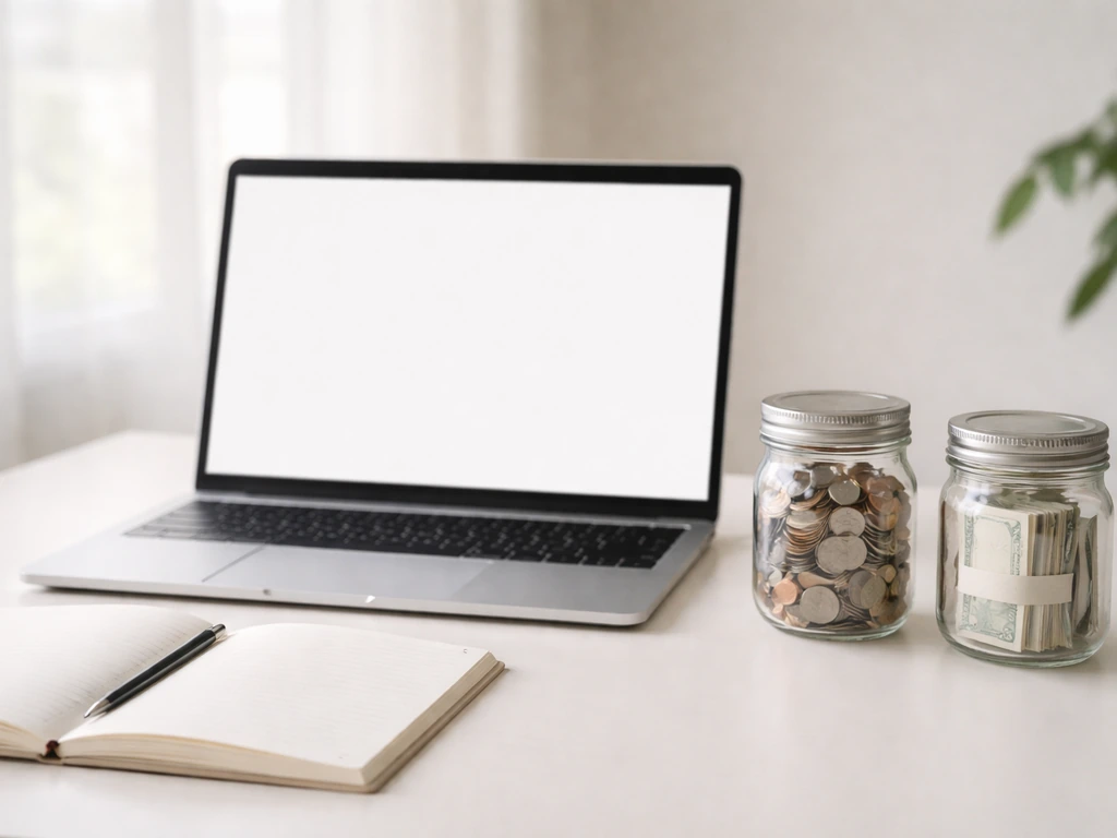 Minimal photo of a desk with a laptop, notebook, and two coins, suggesting net worth vs income confusion.