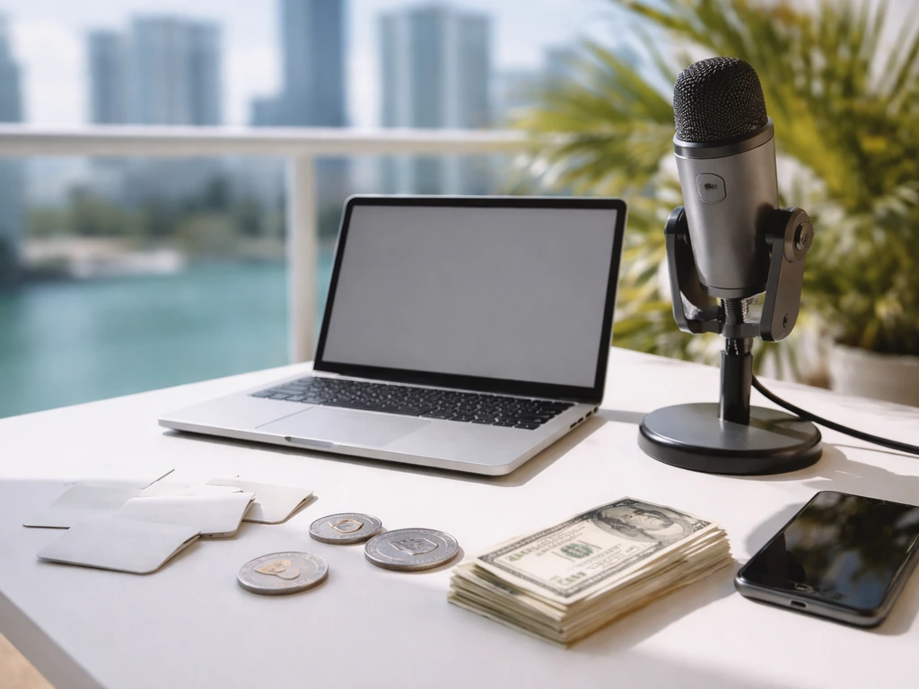 Minimal desk with podcast mic, coins and blank source cards, symbolizing verified net-worth sources.