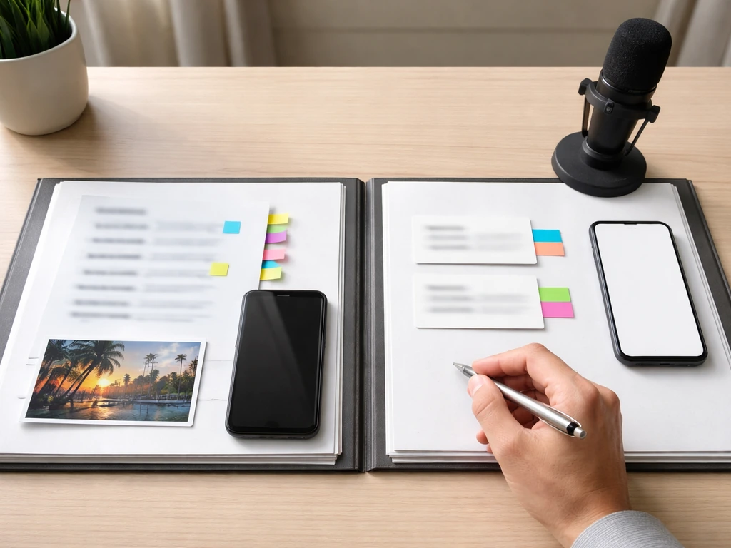 Minimal desk comparison scene with blurred documents, sticky-note highlights, and a podcast mic for identity verificatio