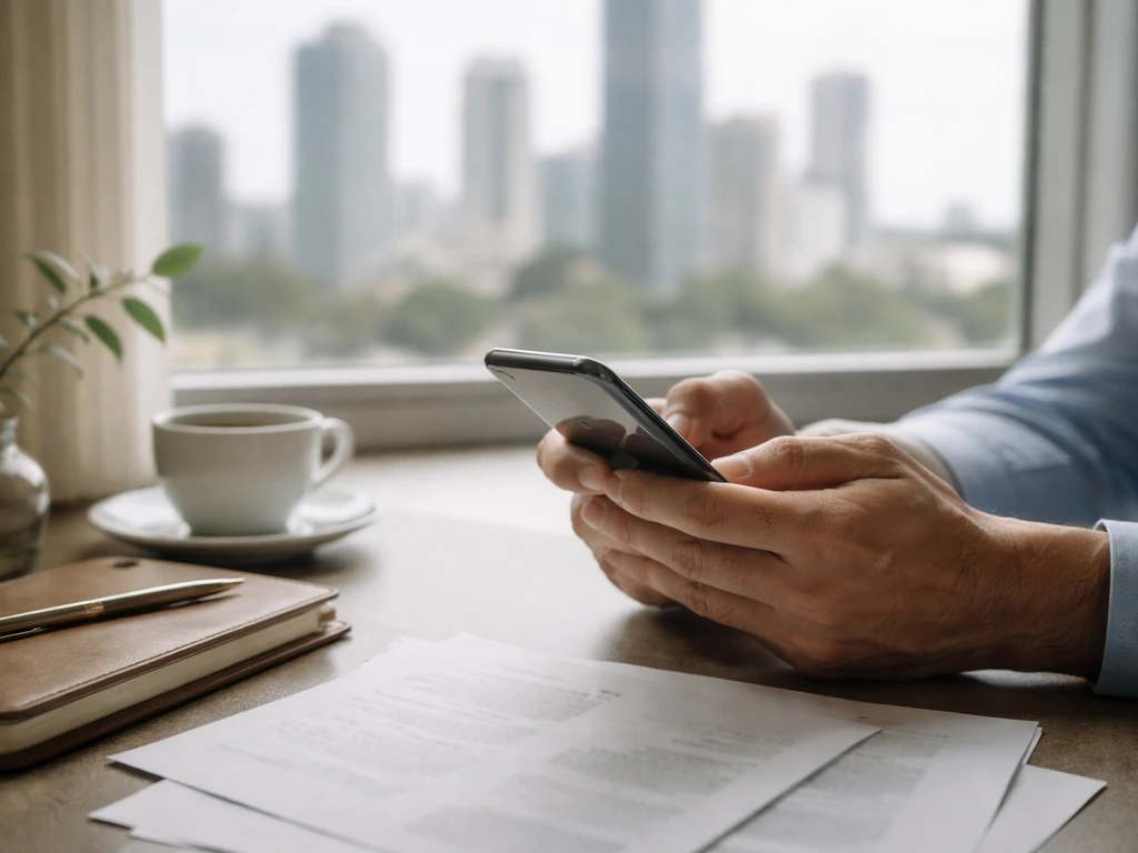 Anonymous hands holding a phone over an office desk with Miami skyline blur, suggesting source comparison.