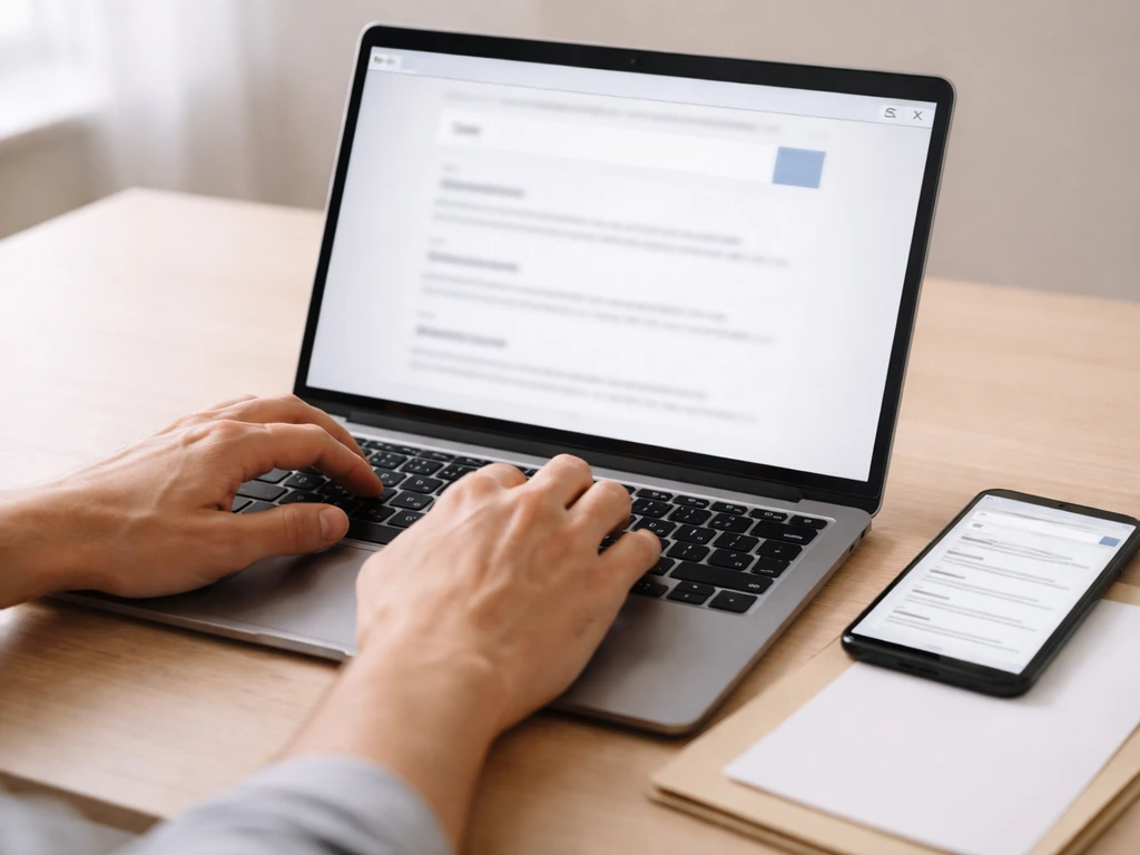 Hands using a laptop and phone on a desk to verify corporate records online, with blank documents visible.