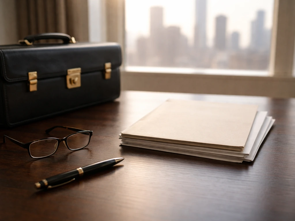 Minimal legal desk scene with briefcase, pen, and documents, evoking finance and contract work.