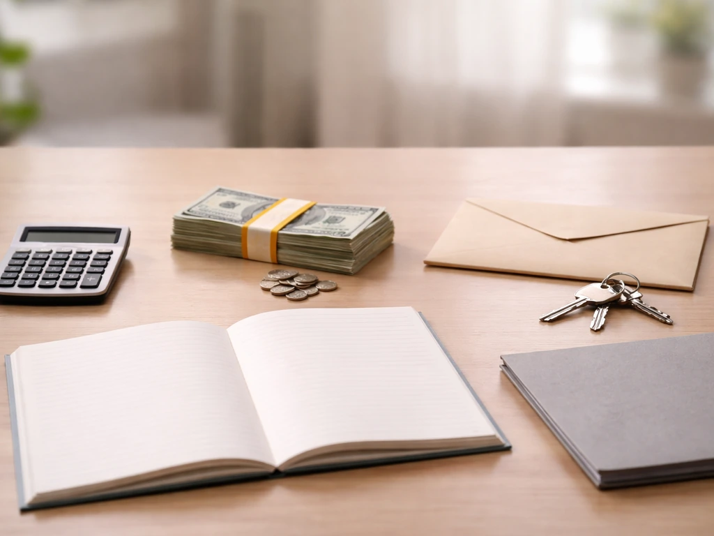 Minimal photo of a desk with a calculator beside bundled bills and a closed folder, symbolizing assets minus liabilities