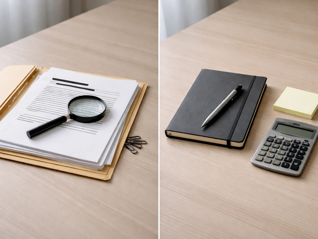 Minimal office desk split by objects suggesting documents for confirmation vs estimates and assumptions.