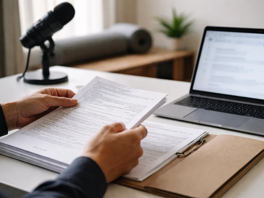 Hands reviewing public-record documents and a blurred business registry search beside a podcast microphone.