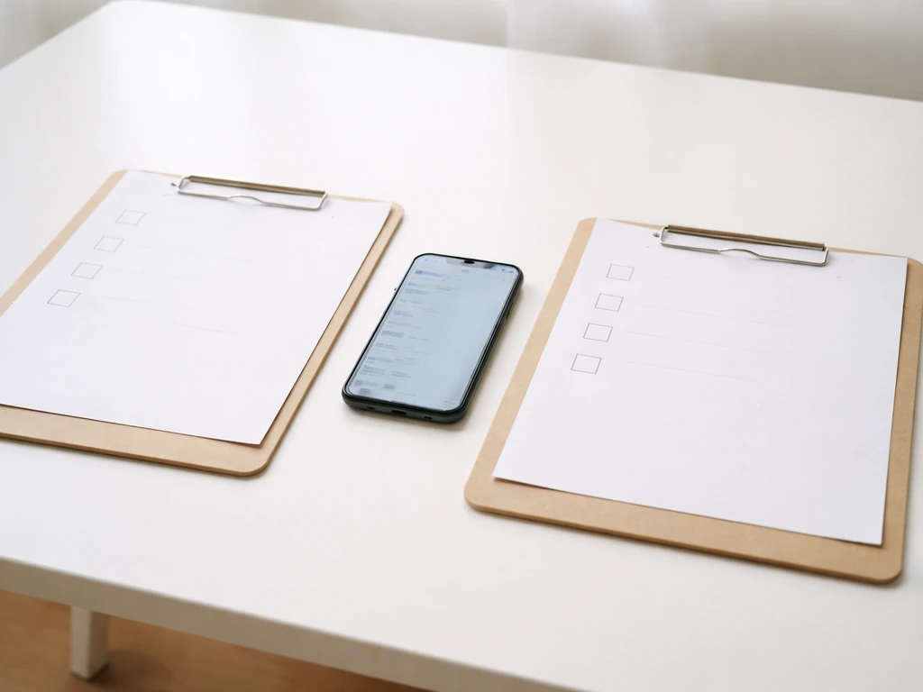 Close-up of two open folders on a desk with a smartphone showing contact details and a pen for identity checks.