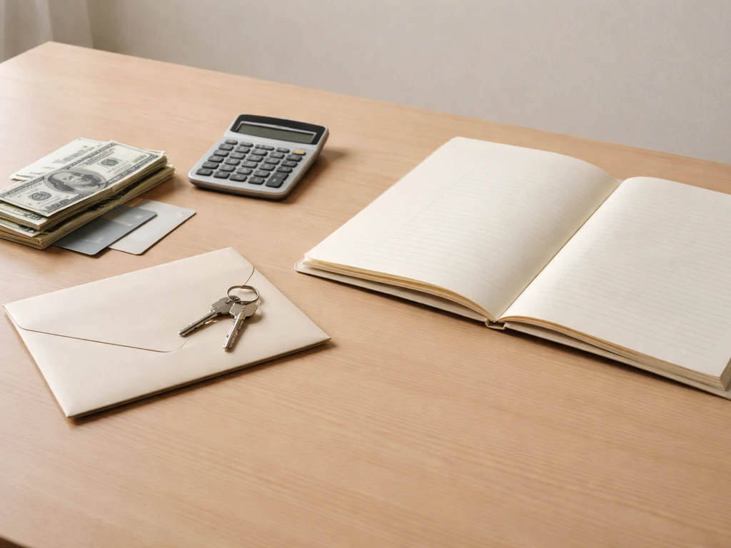 Minimal photo symbolizing net worth: a desk with money, a calculator, and a closed folder of loans