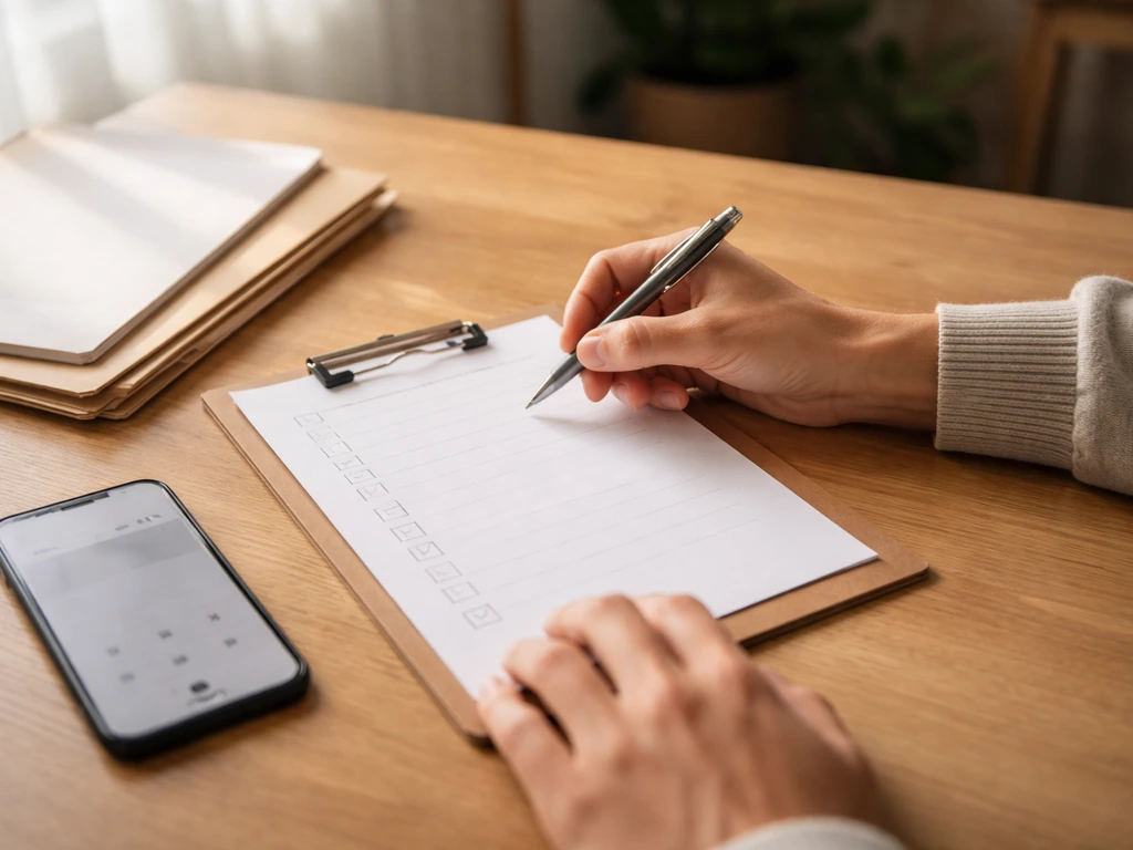 Person reviewing ownership and identity documents at a desk with a phone and checklist notes, minimal scene