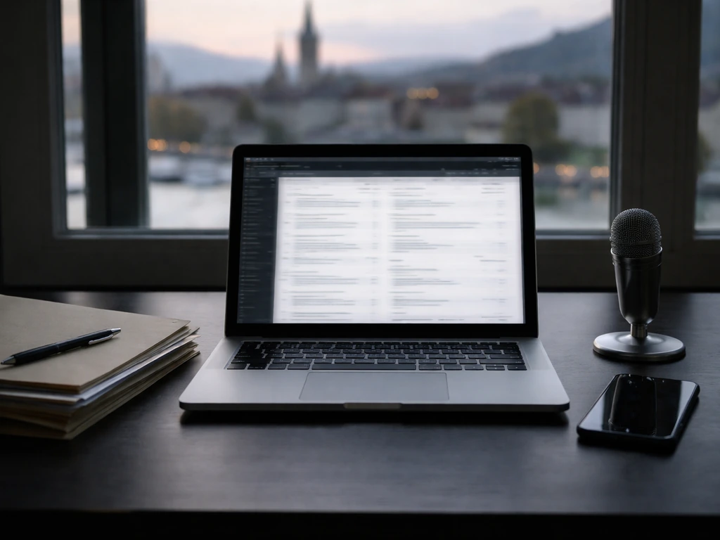 Anonymous finance research desk with laptop, blurred screens, and Swiss skyline view through a window.