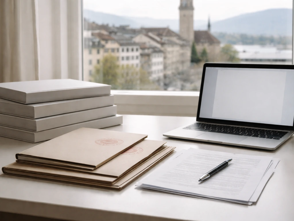 Open folders of Mobimo annual reports and filings on a desk, with a pen and laptop in a quiet office