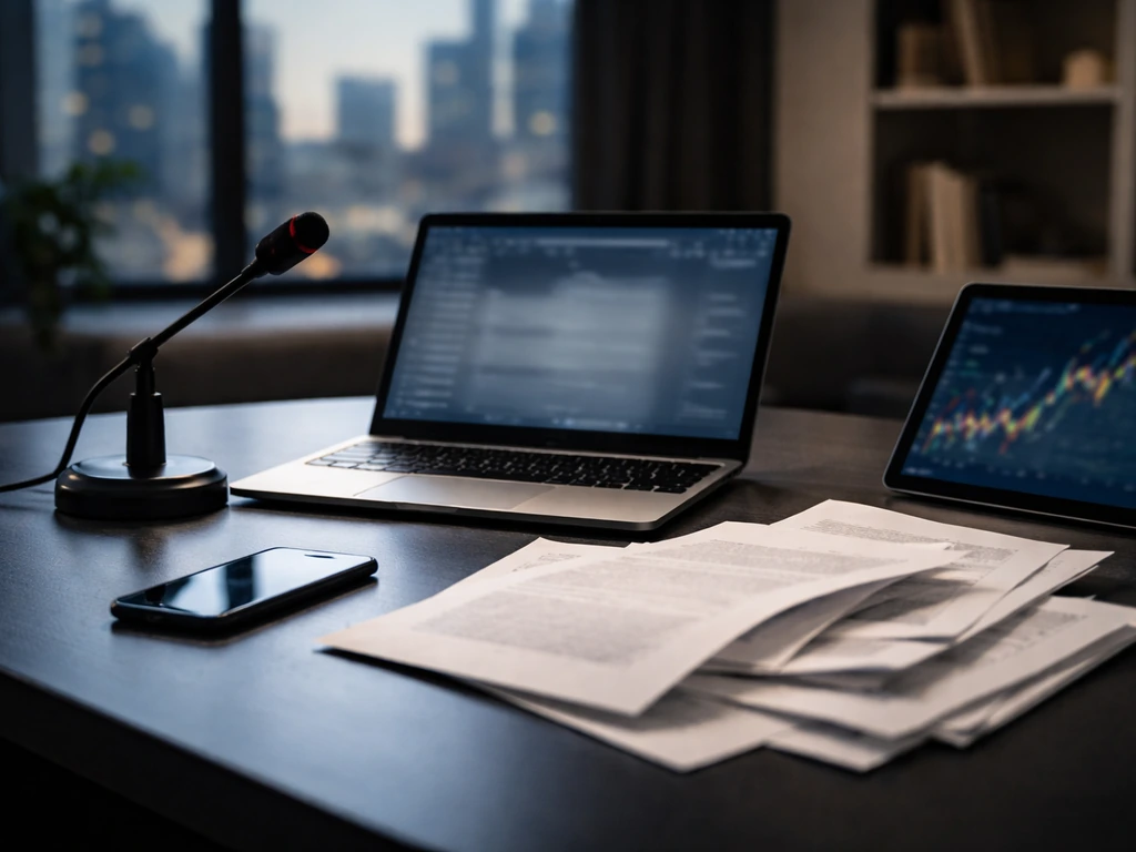 Minimal desk scene with blurred finance documents, laptop, microphone, and out-of-focus market lines
