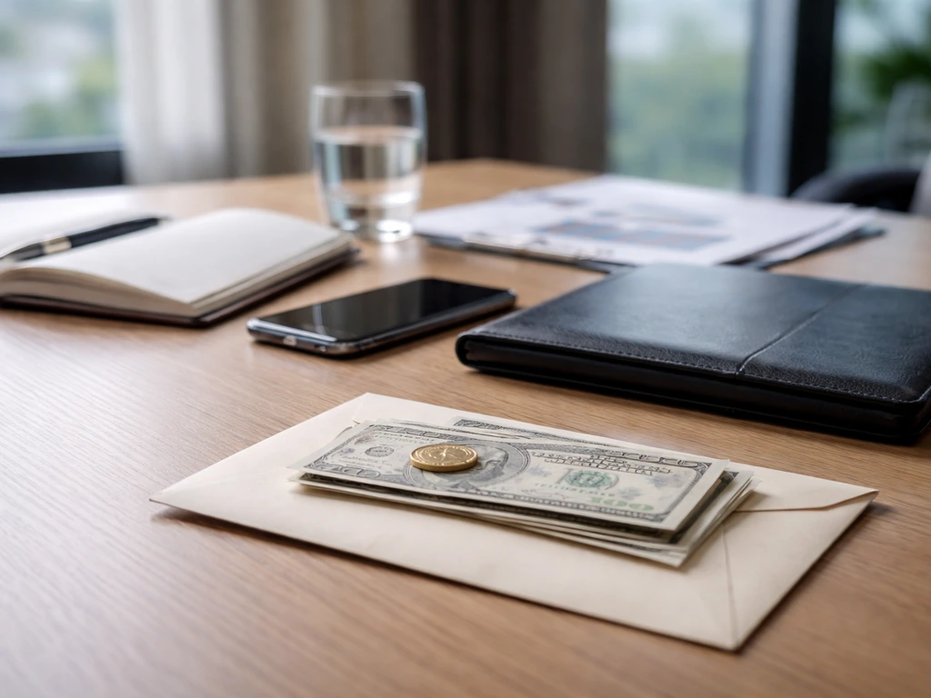 Minimal modern office desk with money and financial documents, suggesting assets and liabilities.