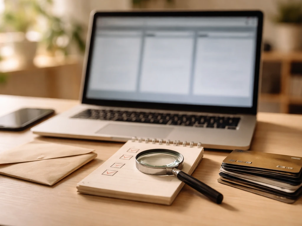 Desk scene with laptop, magnifying glass, phone, and notepad suggesting comparing net worth estimates.