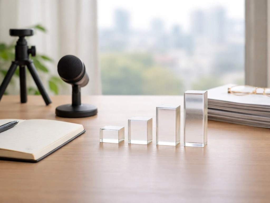 Minimal desk scene with finance documents and tier-like glass markers suggesting confidence levels.