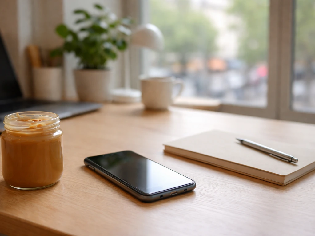 Minimal desk scene with a smartphone and a jar of peanut butter, suggesting inventor money/brand analysis.