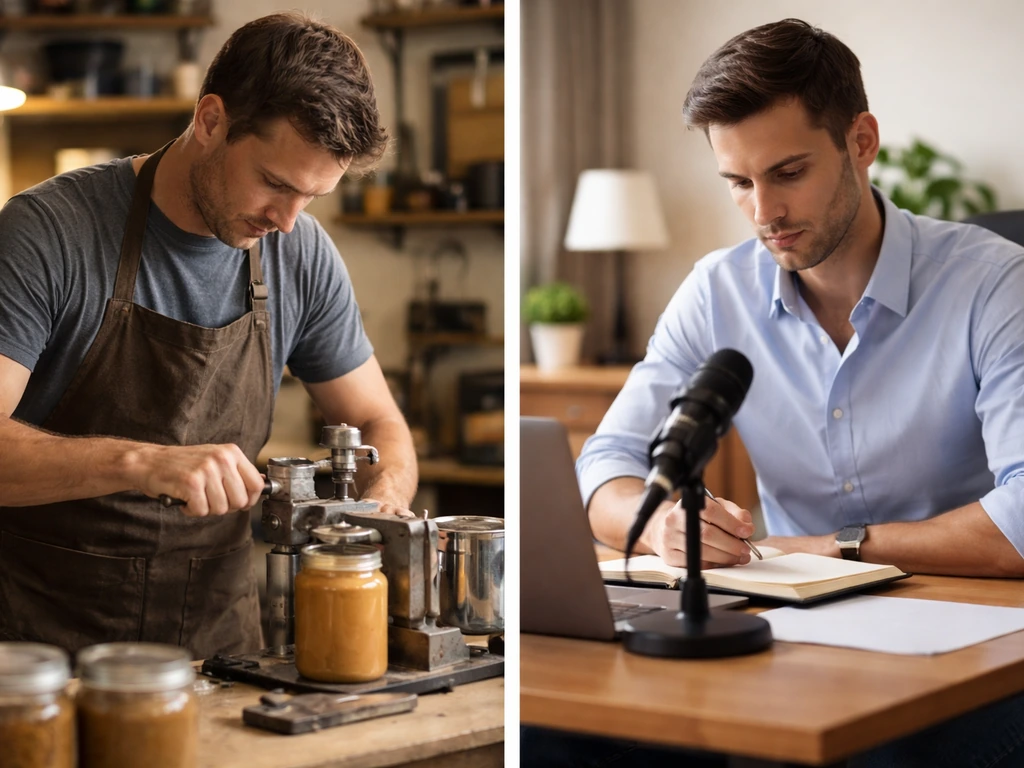 Two-panel photo: anonymous inventor with dispenser and jar vs anonymous office professional with microphone.