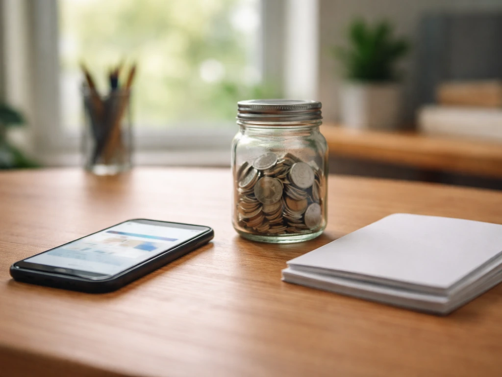 Minimal desk scene with a smartphone, coin jar, and neatly stacked papers suggesting crowdfunding and income sources.