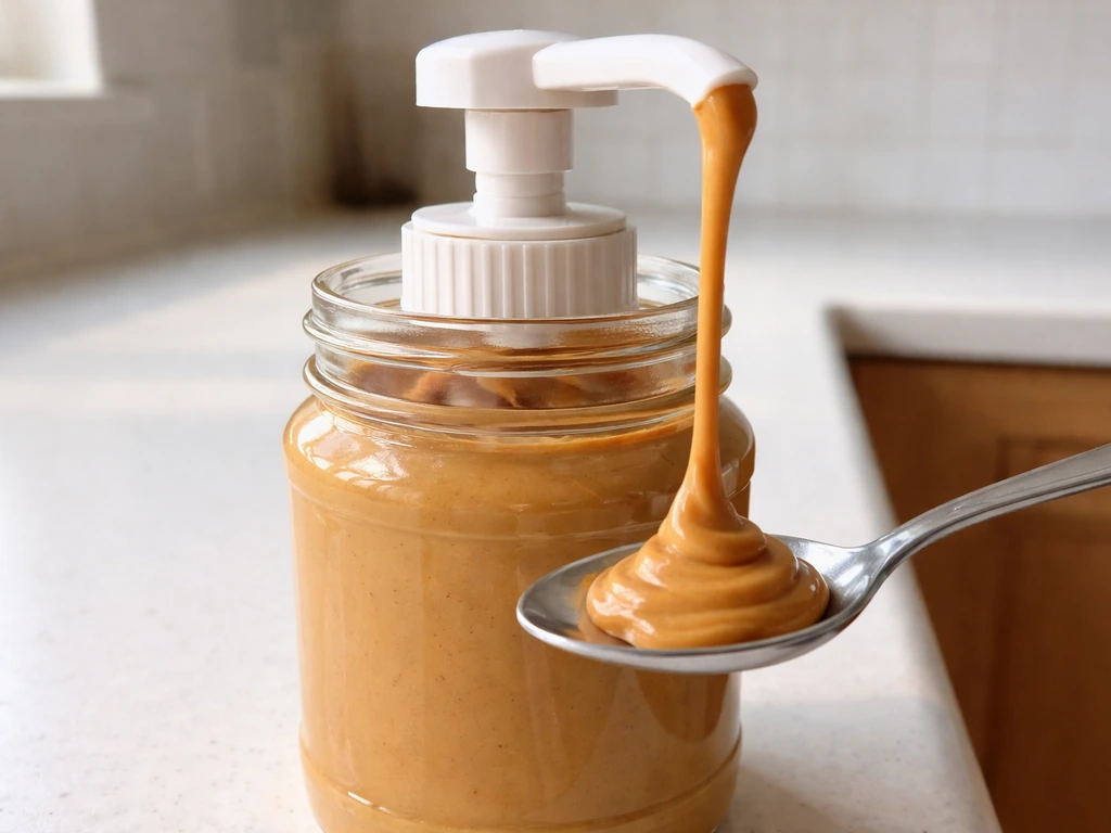Close-up of a peanut butter pump dispensing thick peanut butter from a jar on a kitchen counter.