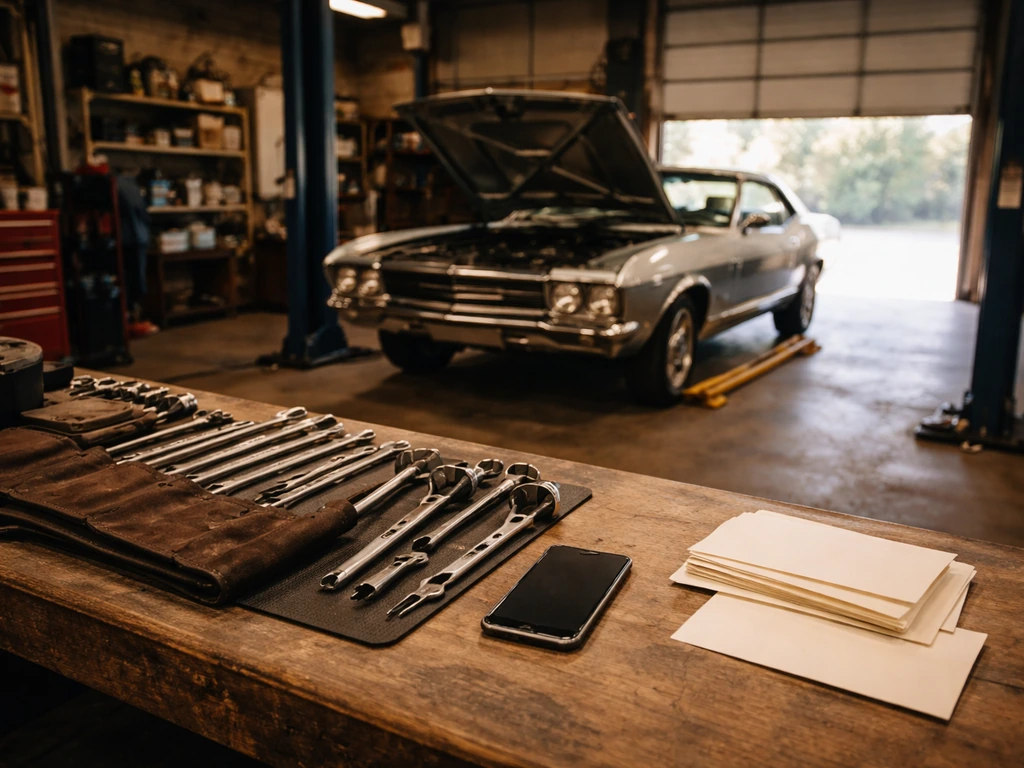 Minimal automotive restoration garage scene with a car on a lift and a phone on a workbench.