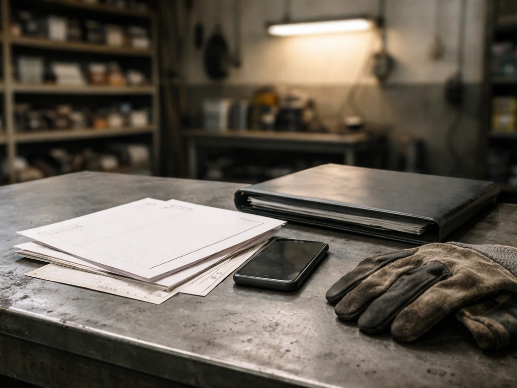 Automotive restoration workshop desk with blank invoices, receipts, and gloves, symbolizing business revenue work