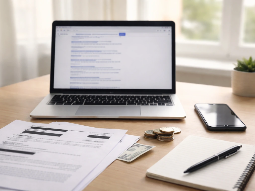 Minimal desk scene with blurred laptop search, redacted documents, notepad and coins for net-worth verification.