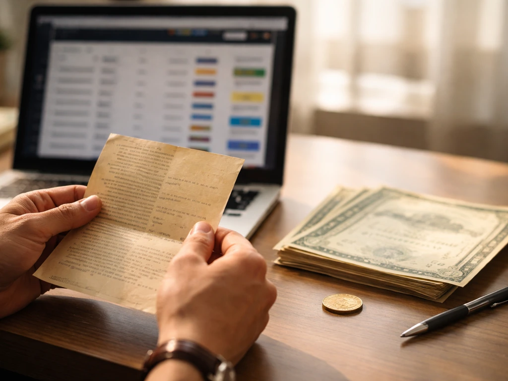 Hands hold a vintage memo beside old stock certificates and a blurred e-commerce laptop terminal.