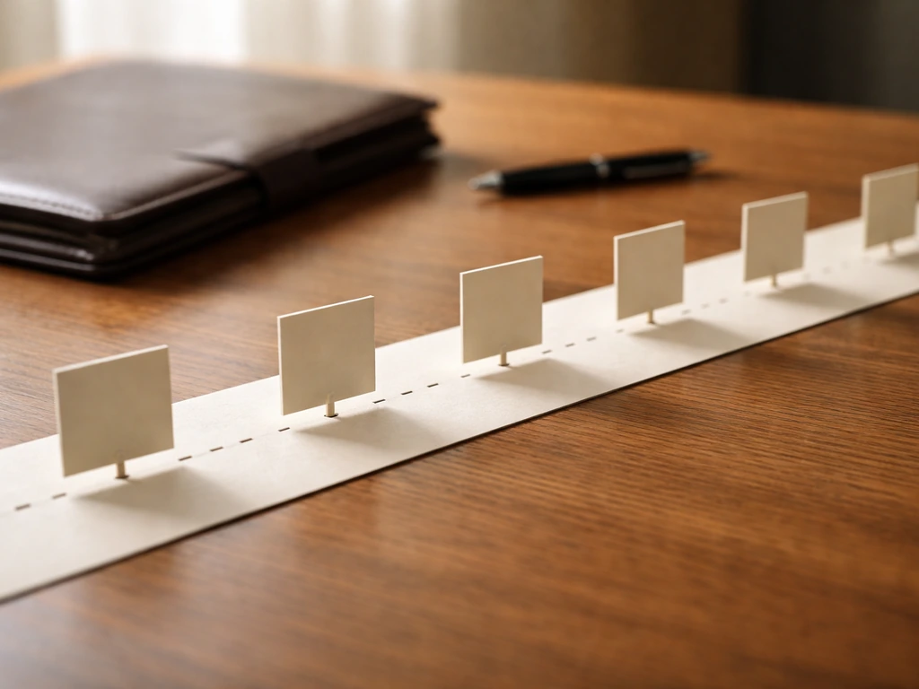 Minimal desk scene with a notched timeline strip, dated cards from 1995 to IPO era, and a portfolio folder.