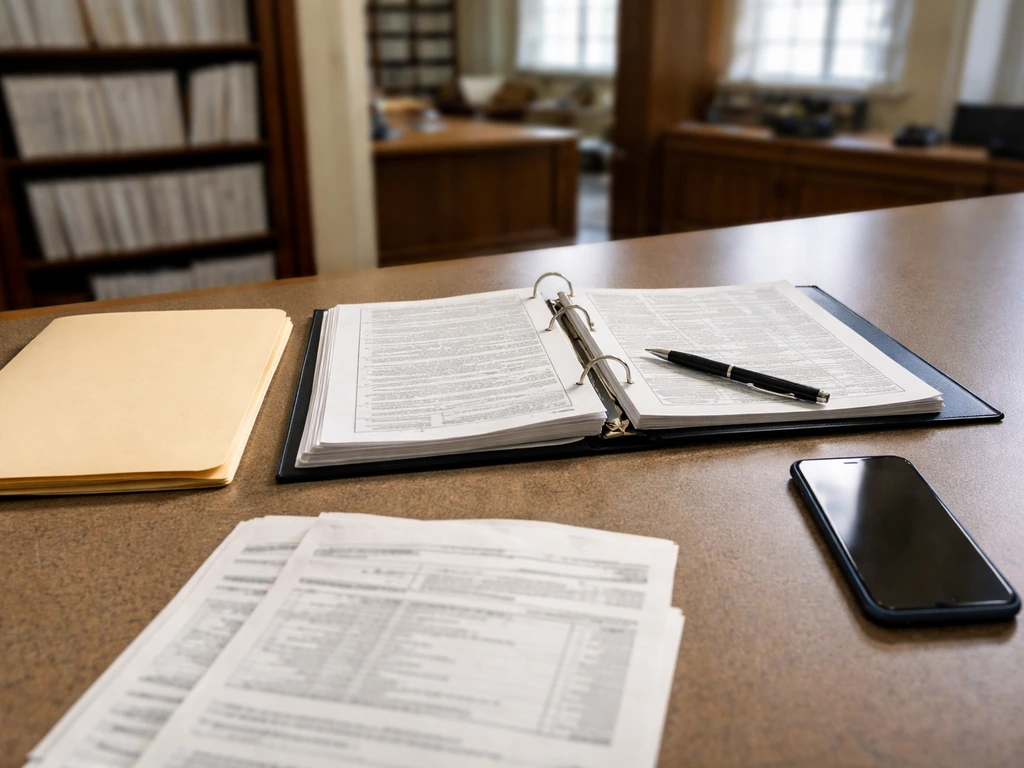 Courthouse records desk with open documents and financial papers, symbolizing wealth verification research.