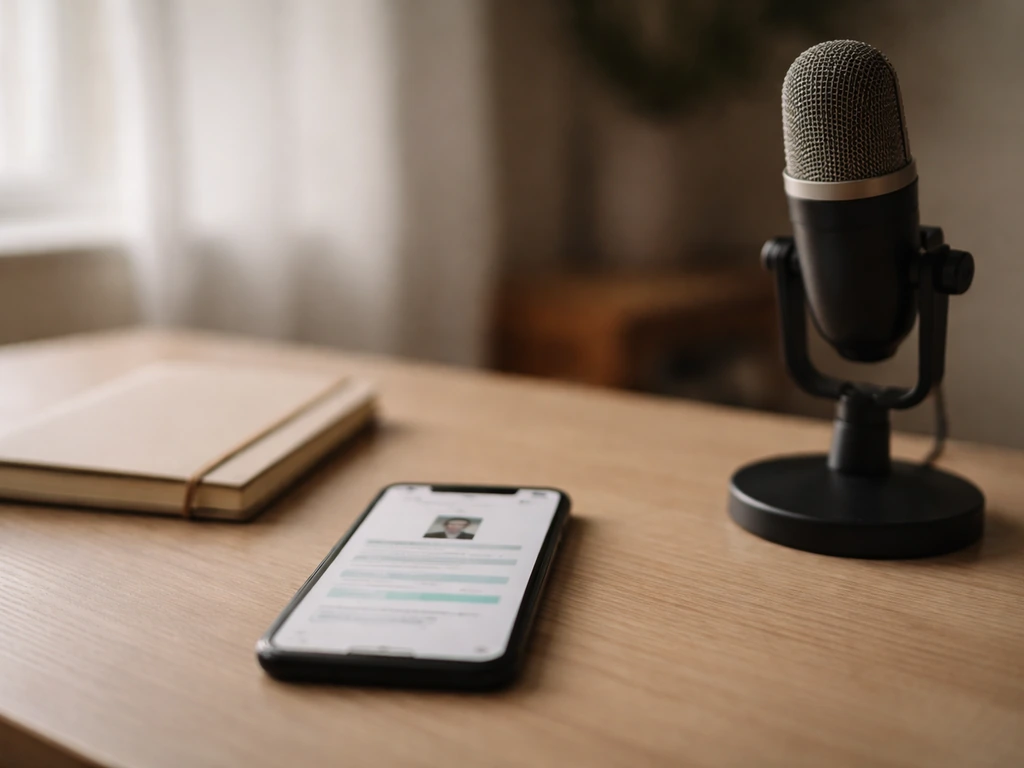 Minimal home-office desk with smartphone and microphone, symbolizing identity verification without showing people.