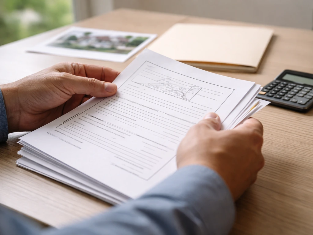 Hands holding property deed papers and a calculator on a desk, symbolizing verifying financial claims