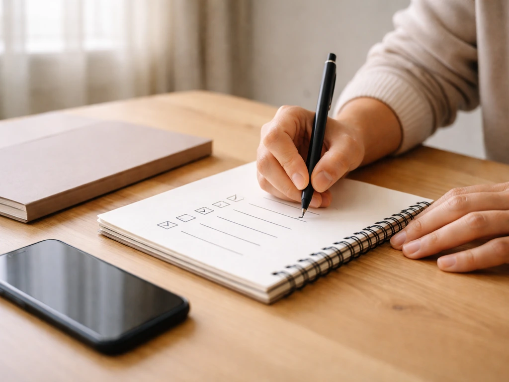 Minimal desk scene with smartphone, notebook, and checklist-style paper marks for research next steps