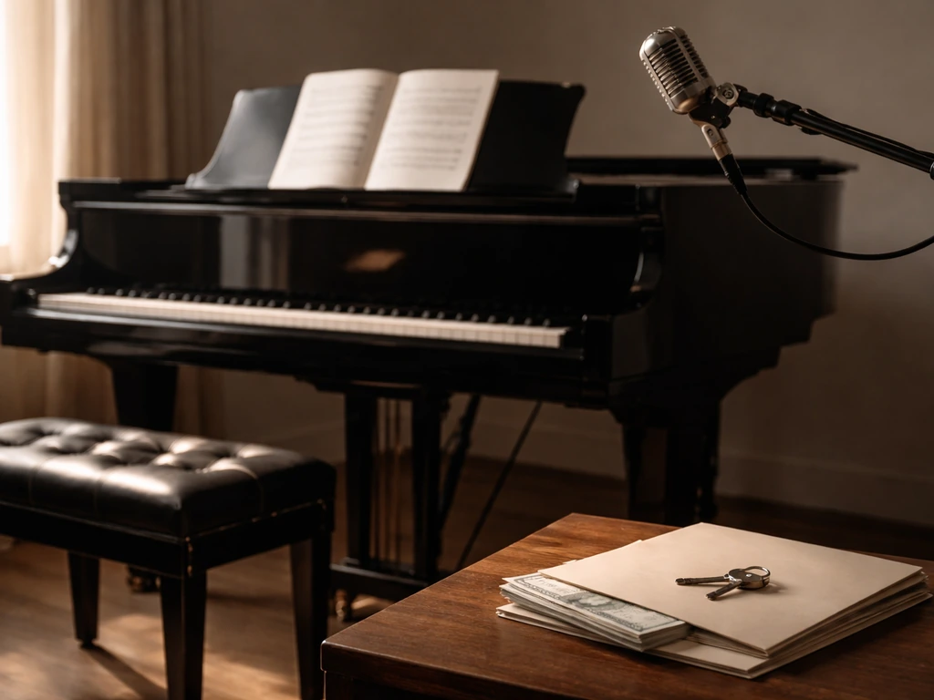 American pianist-themed studio scene with a music stand, microphone, and soft cash-like props symbolizing verification