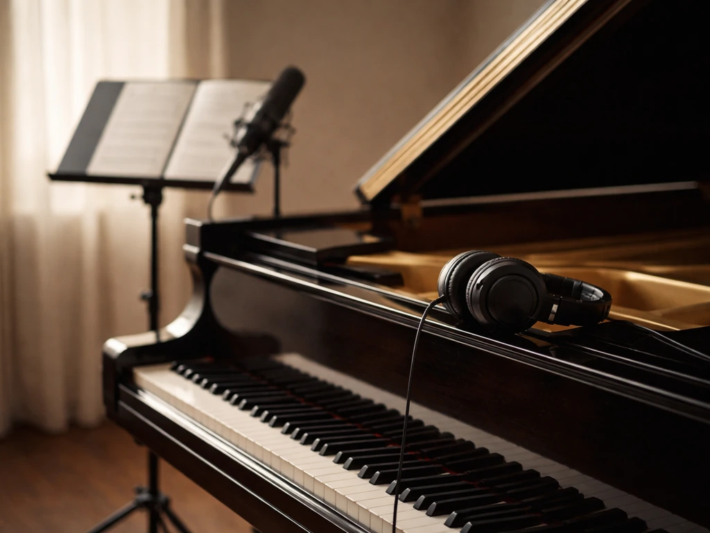 Minimal recording studio scene with a grand piano, headphones, and a microphone, symbolizing music career.