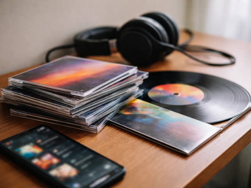Album jewel cases and a vinyl record on a desk with headphones and a blurred streaming screen.