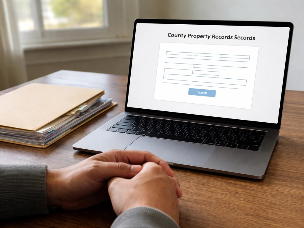 Close-up of a laptop on a desk showing a generic county property record search page and a small folder checklist.