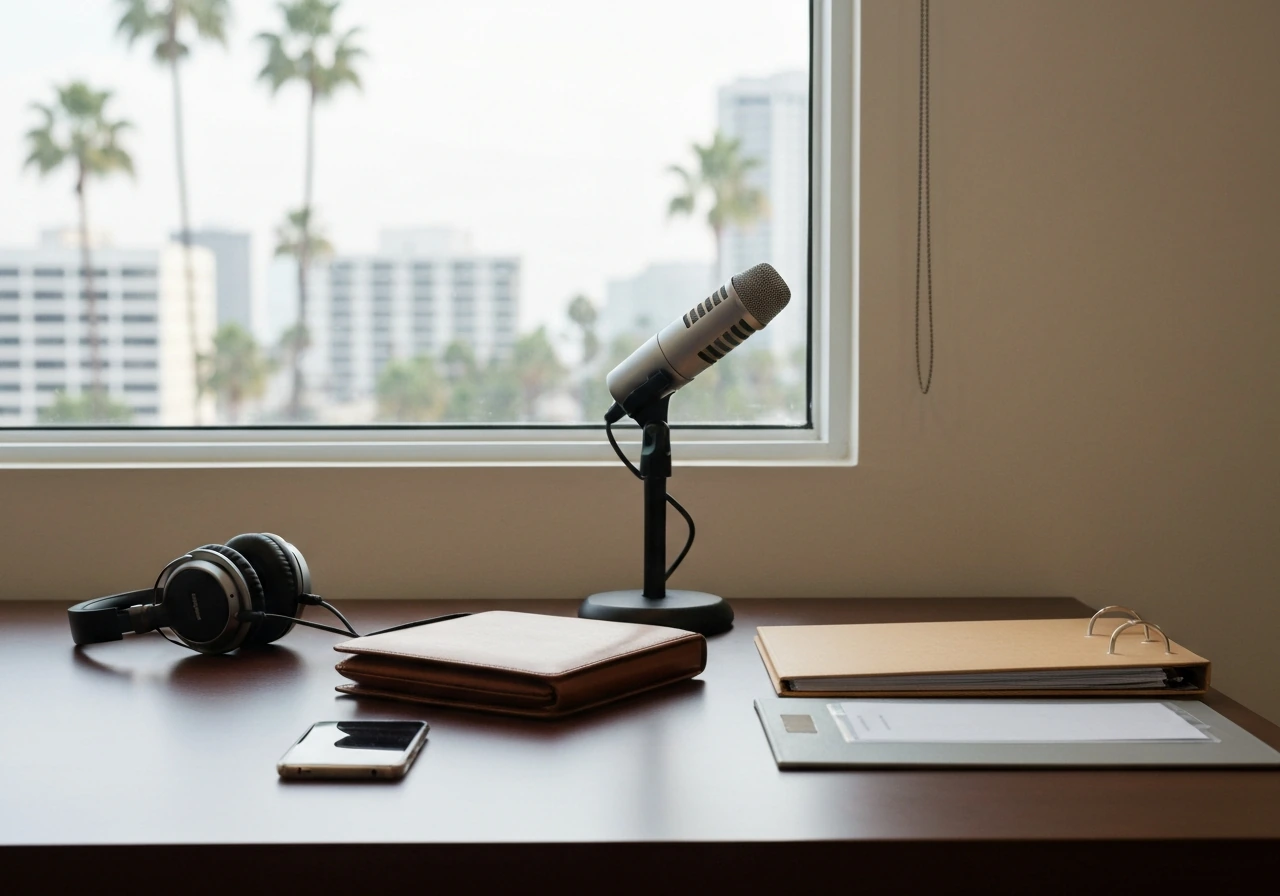 Minimal Beverly Hills office desk with microphone, headphones, and documents suggesting verified entertainment executive
