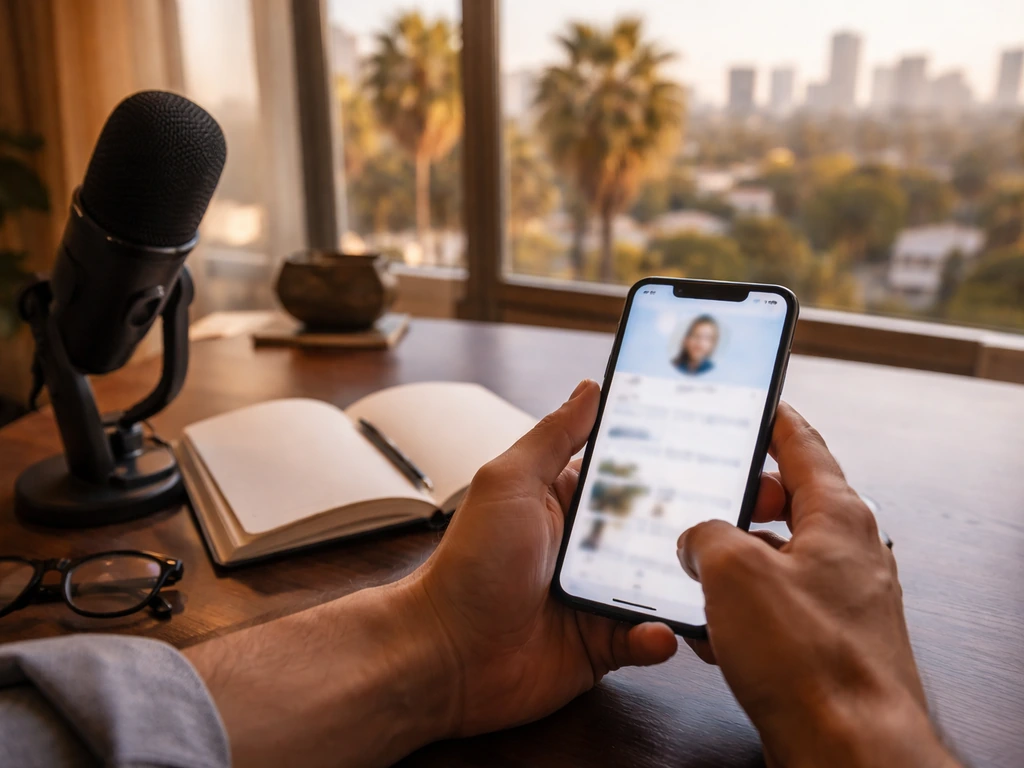 Hands holding a phone with blurred profile, beside a microphone and notebook in a Beverly Hills media office.