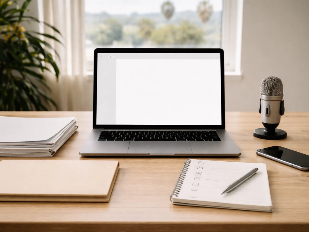 Minimal desk with laptop, unmarked documents, checklist notepad marks, and phone—symbolizing sourced wealth research