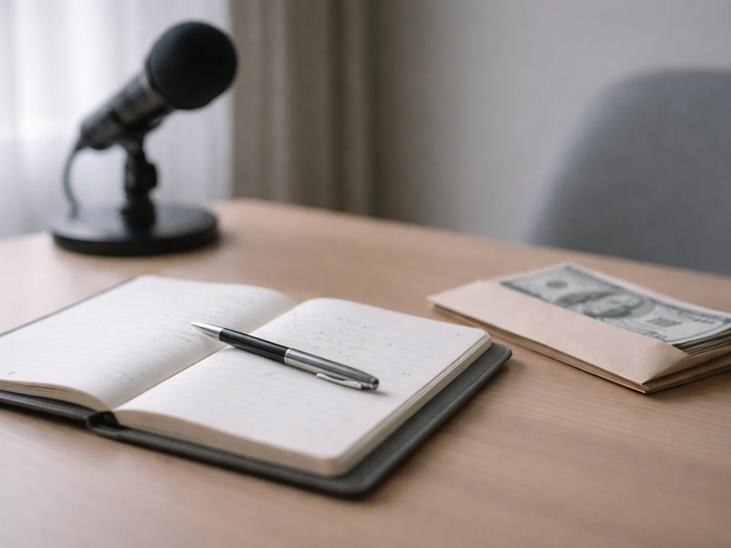 Minimal desk scene with studio-style notebook showing funding-round notes and a pay-off theme via cash envelope