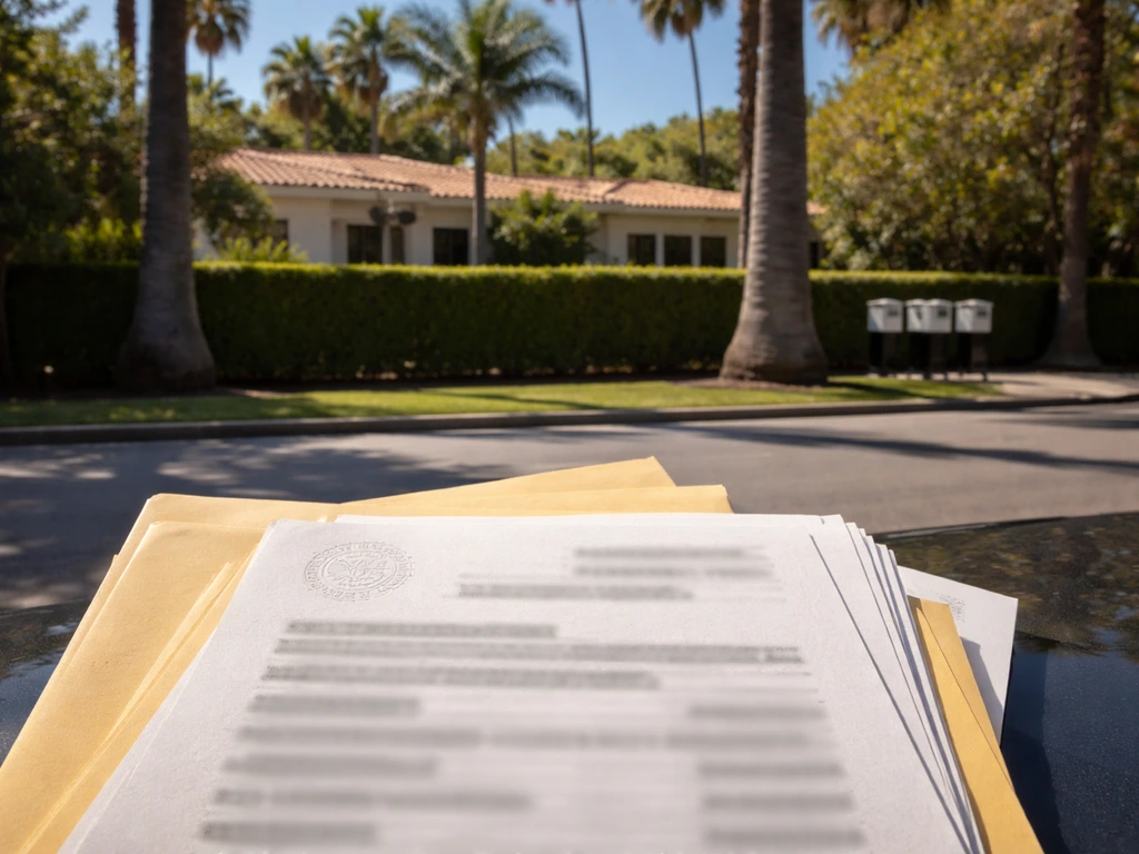 Blurred property-record documents beside a Beverly Hills curbside mailbox and an upscale home