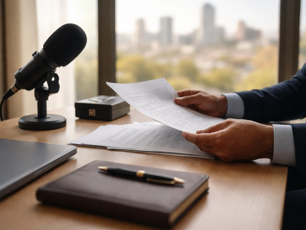 Anonymous hands at a bright desk with documents, microphone, and blurred city view suggesting business research.