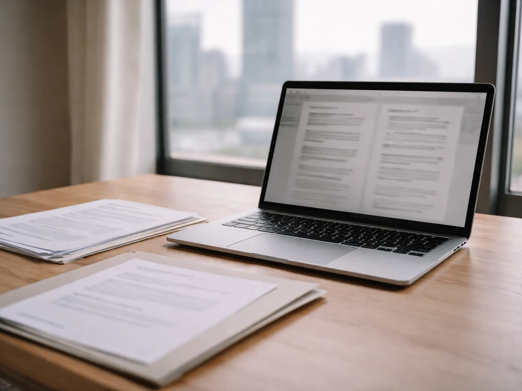 Minimal photo of a desk with papers and a laptop showing blurred corporate filing-style documents, symbolizing public re
