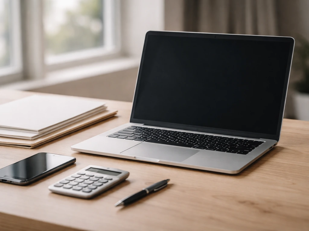 Minimal desk scene with laptop and smartphone beside documents, suggesting verifying business registry details.