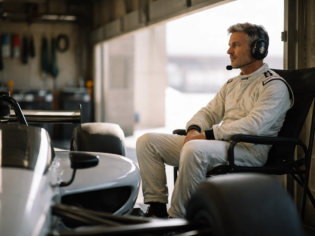 IndyCar garage scene with a race-team owner in a suit seated beside an open-wheel car.