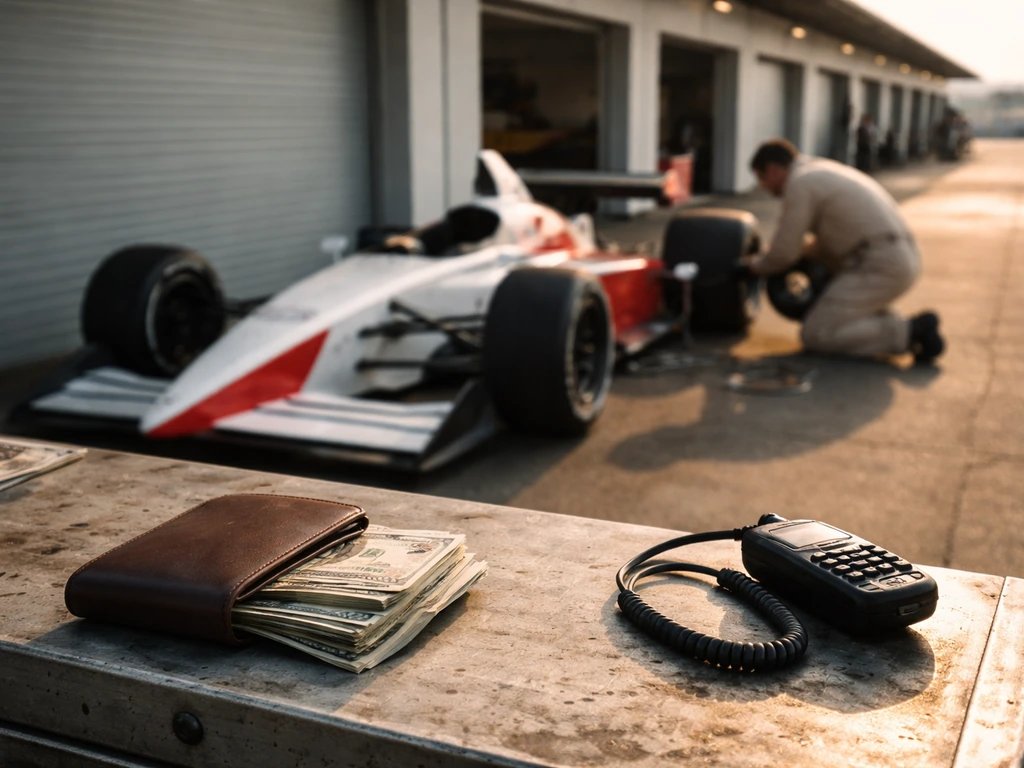 Late-1990s IndyCar paddock scene with a vintage race car and cash-like props, evoking racing earnings