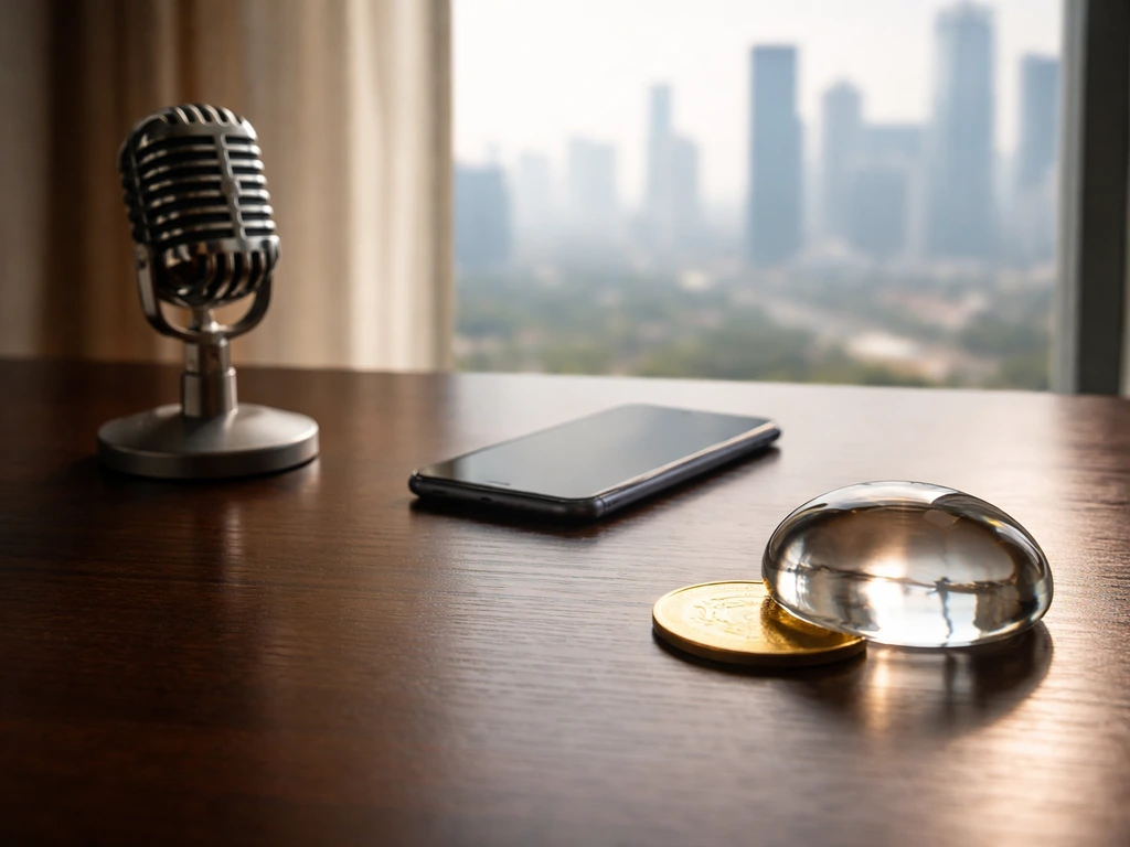 Minimal desk scene with microphone, smartphone, and gold coin reflecting business growth over time