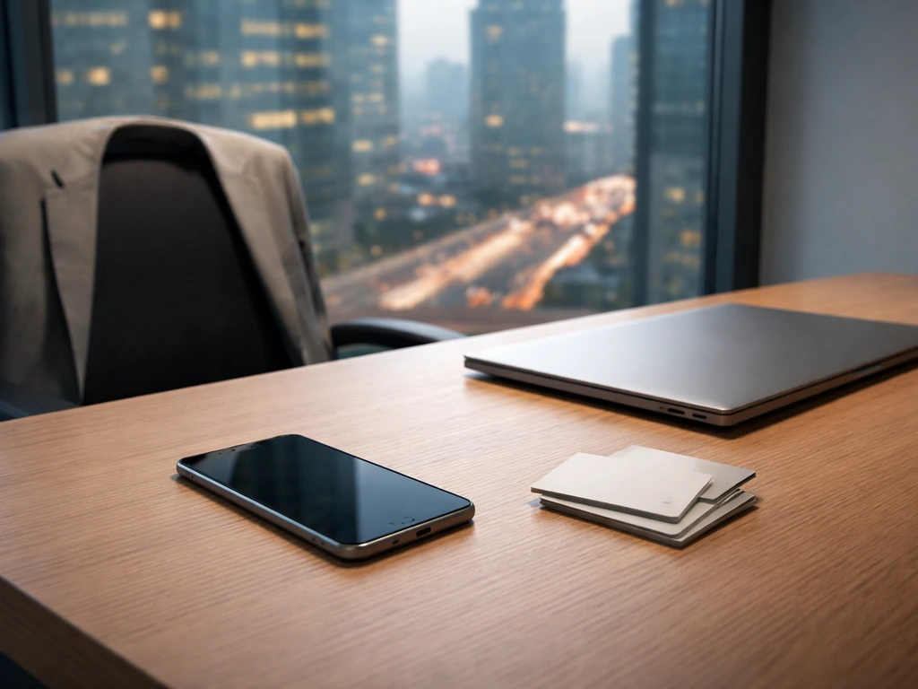 Modern executive office desk with a phone and laptop, hinting at telecom and payments