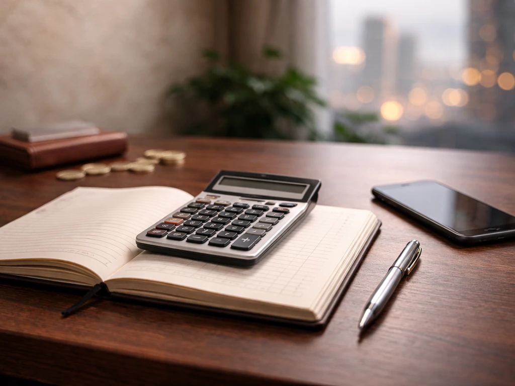 Creator-style desk scene with calculator, open ledger, and smartphone beside a blurred finance-themed background