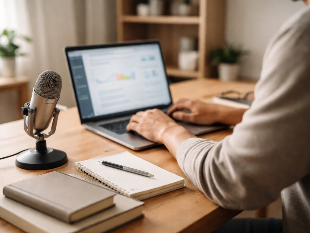 Anonymous desk scene with a podcast microphone and accounting books, suggesting a personal finance brand
