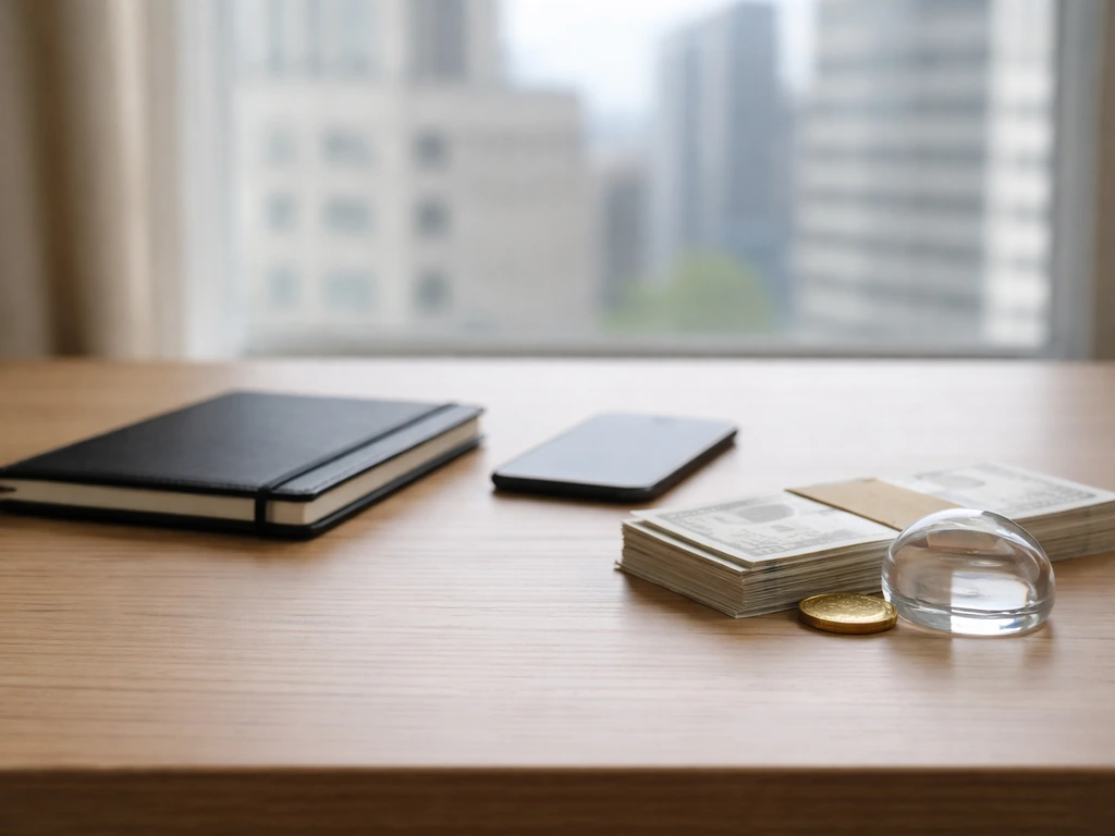 Minimal desk with money symbolism—coin, notebook, smartphone—near a city-window backdrop.